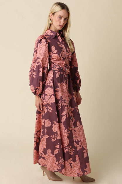 Kylie Wine and Pink Floral Belted Maxi Dress