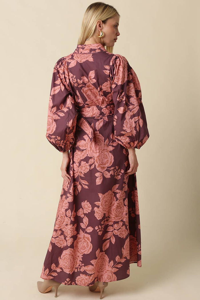 Kylie Wine and Pink Floral Belted Maxi Dress