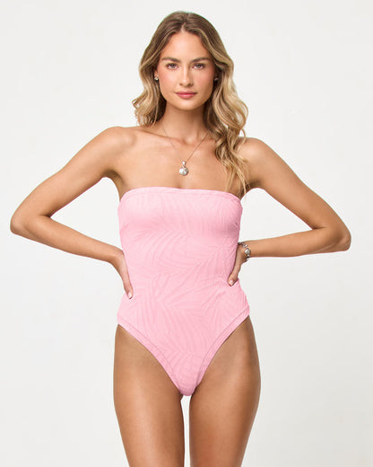 LSPACE La Femme one piece swimsuit in Pink Sugar, front view on model styled strapless.