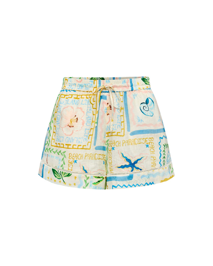 LSPACE La Mer Short in Wish You Were Here print, off-model flat lay.