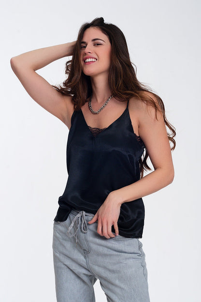 Lace insert satin cami top in black