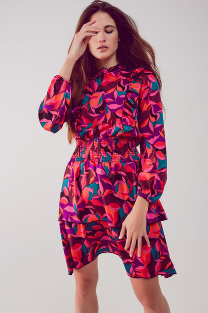 Layered frill mini dress in fucshia floral - dress