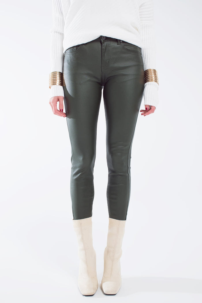 leatherette effect super skinny pants in olive green - trousers
