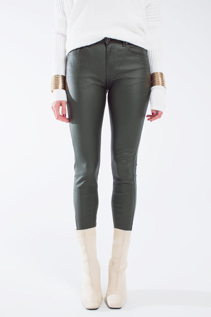 leatherette effect super skinny pants in olive green - trousers