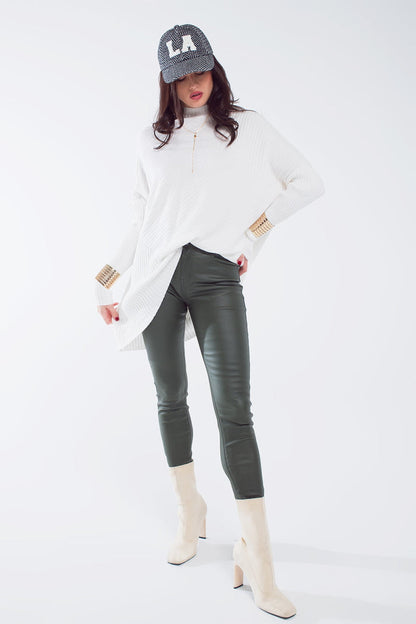 leatherette effect super skinny pants in olive green - trousers