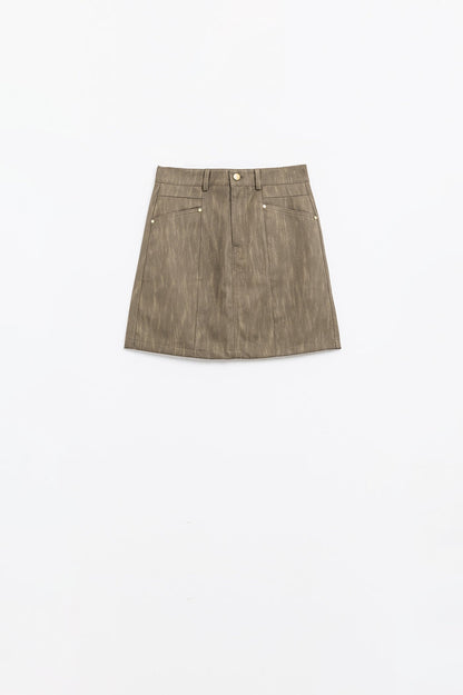 leatherette Straight mini skirt in brown with pockets
