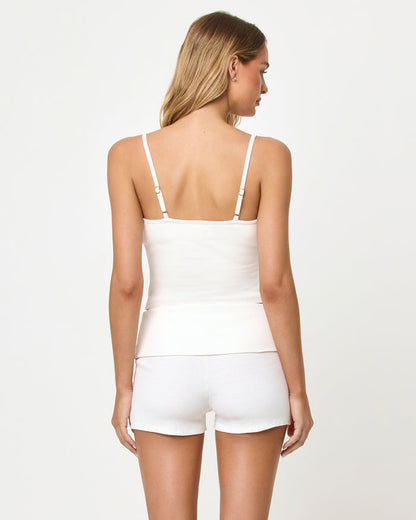 Back view of a model wearing the LSPACE Leigh Tank and Short in cream.