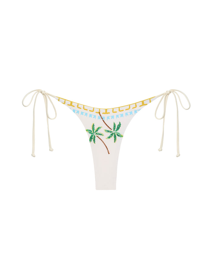 LSPACE Lennox Bikini Bottom in wish you were here print, off-model flat lay on white background.