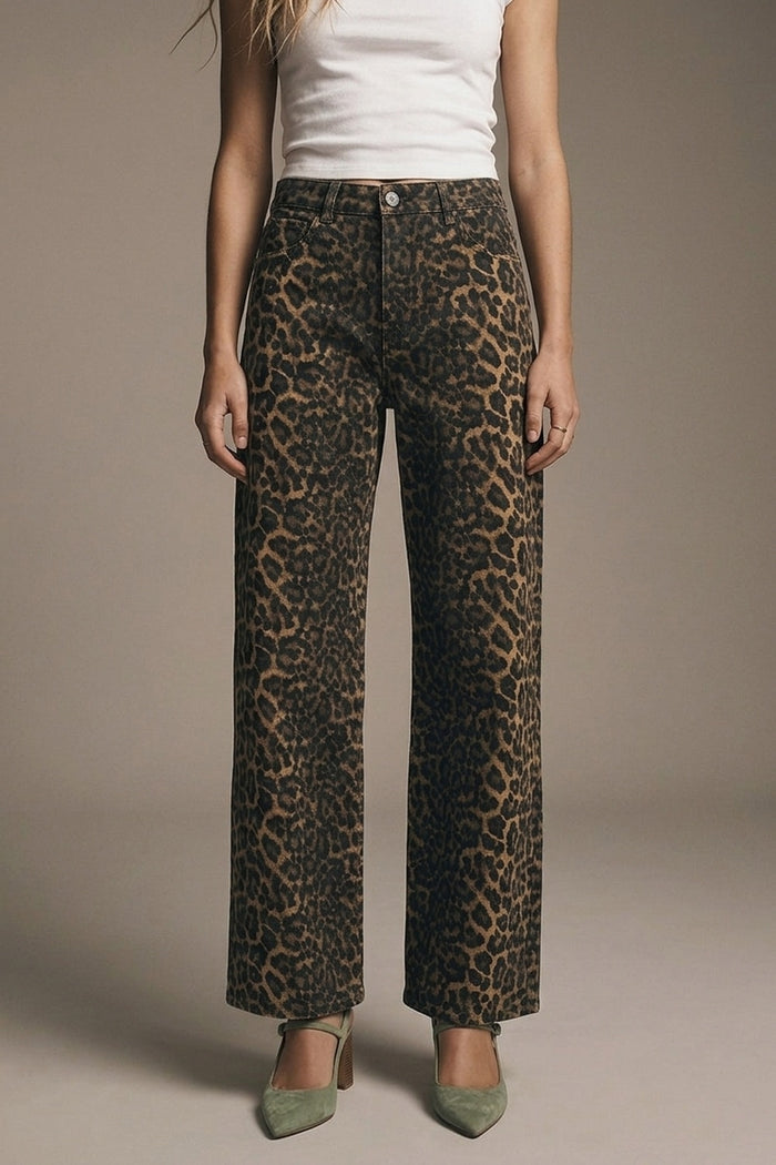 Leopard Print Straight Leg Jeans - trousers