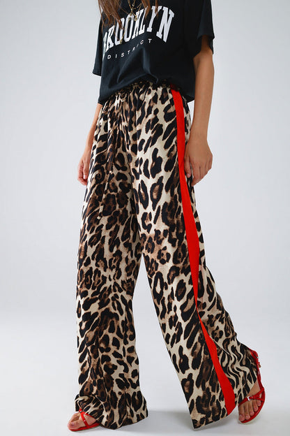 Leopard Straight Pants With Red Stripes Down The Sides - trousers