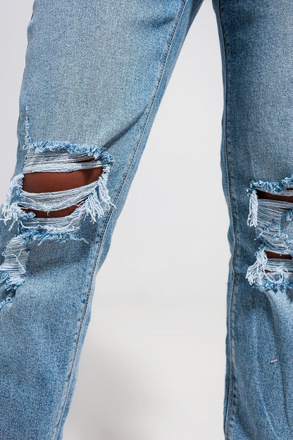 Light blue double rip jeans - Denim