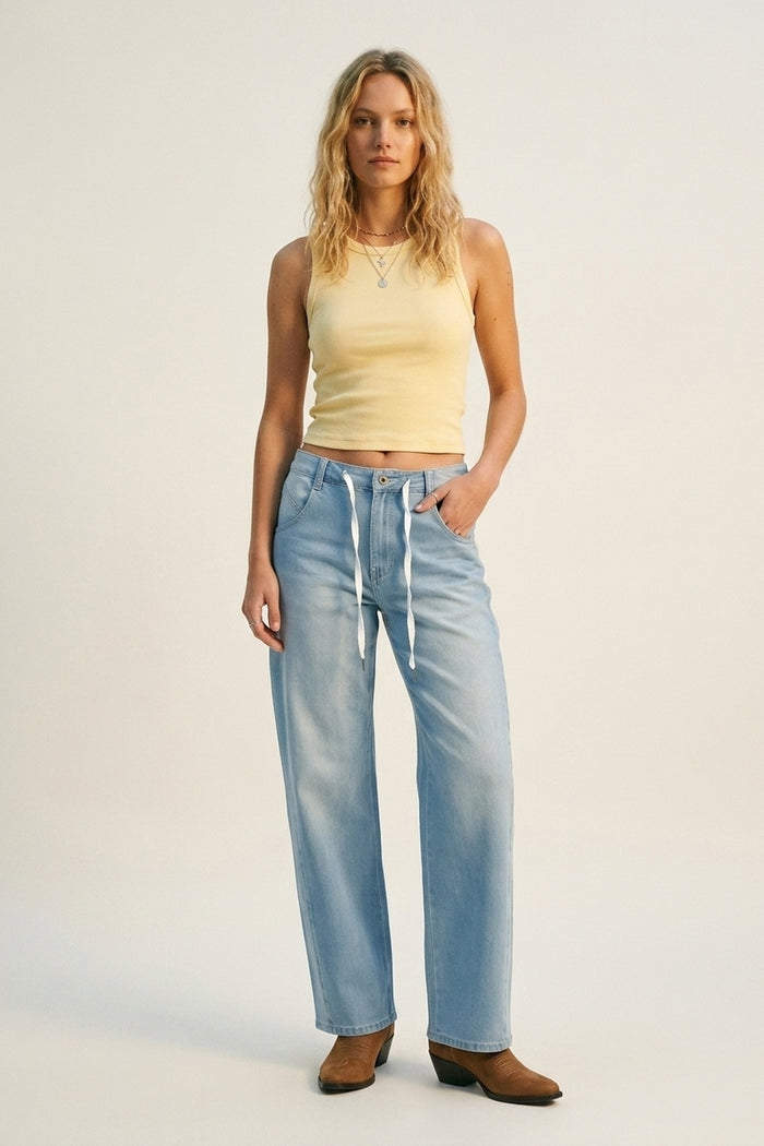 Light Blue Drawstring Relaxed Fit Denim Jeans - Denim