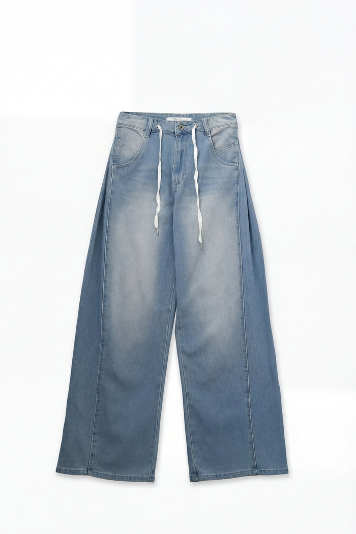 Light Blue Drawstring Relaxed Fit Denim Jeans - Denim