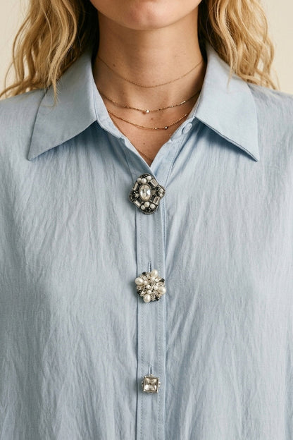 Light Blue Embellished Button-Down Blouse in tencel fabric - Shirts