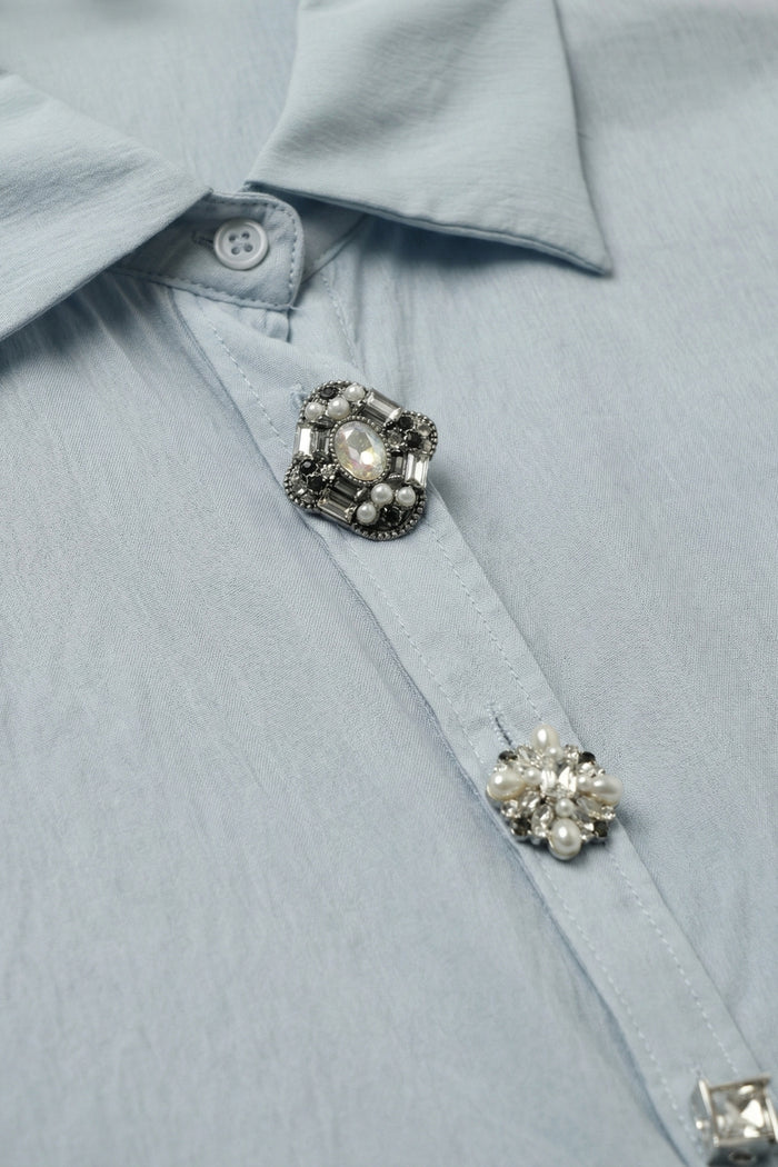Light Blue Embellished Button-Down Blouse in tencel fabric - Shirts