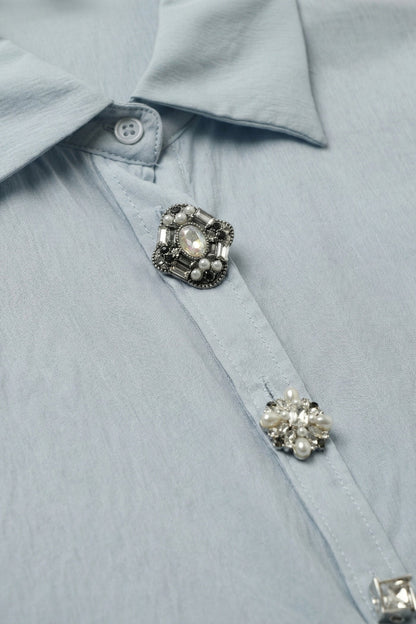 Light Blue Embellished Button-Down Blouse in tencel fabric - Shirts