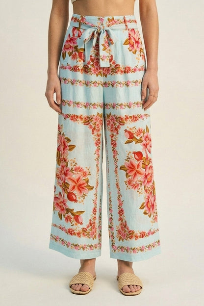 Light Blue Floral Print Cotton Tie Waist Wide Leg Pants - trousers