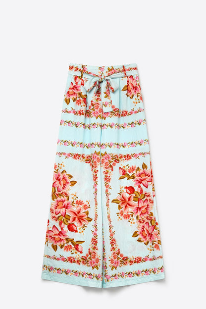 Light Blue Floral Print Cotton Tie Waist Wide Leg Pants - trousers