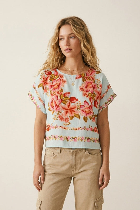 Light Blue Floral Print Lightweight Woven Boxy Crop Top