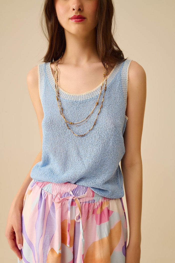 Light Blue Knit Tank Top with White Trim