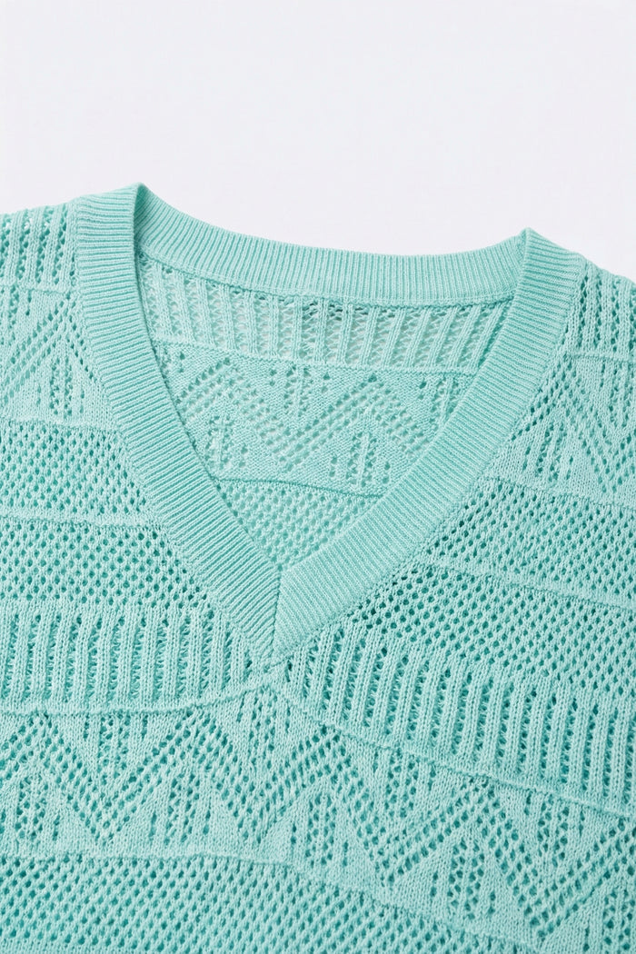 Light Blue Knit V-Neck Short Sleeve Sweater