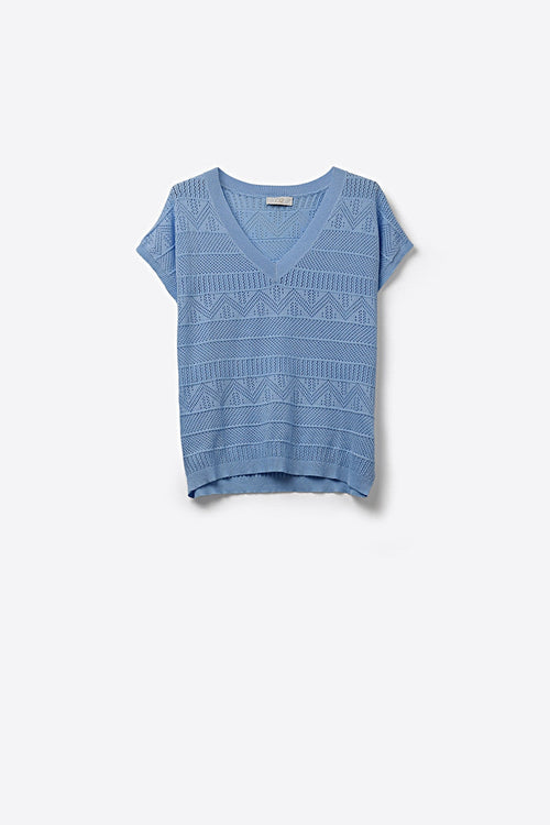 Light Blue Knit V-Neck Short Sleeve Top
