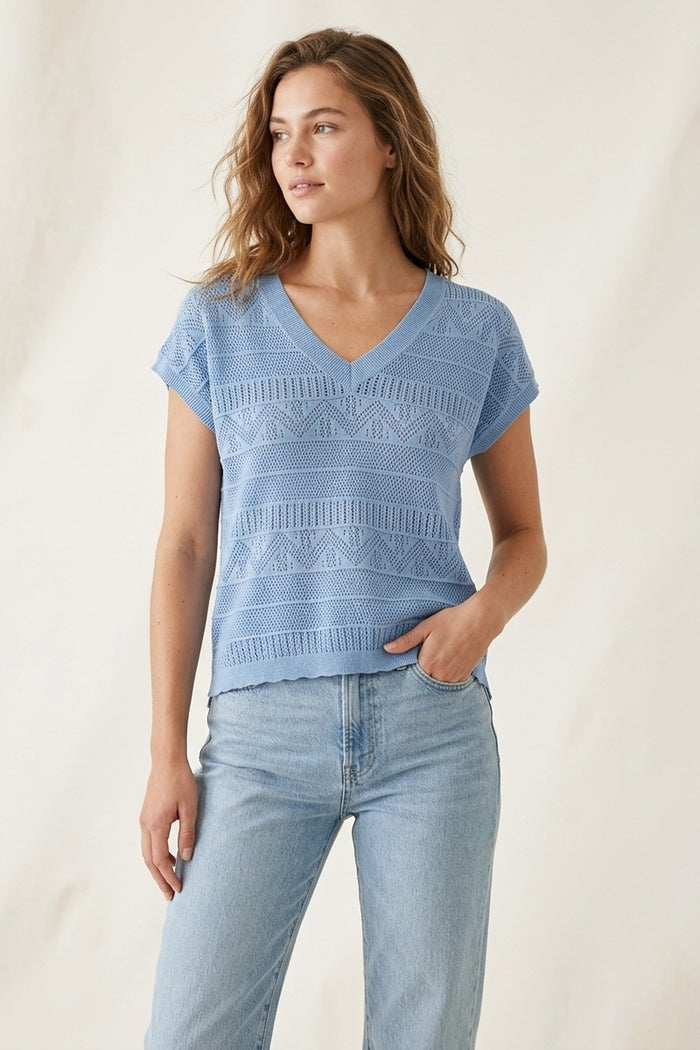 Light Blue Knit V-Neck Short Sleeve Top