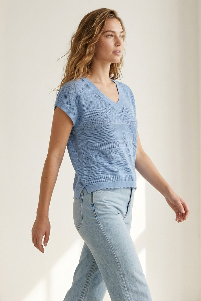 Light Blue Knit V-Neck Short Sleeve Top