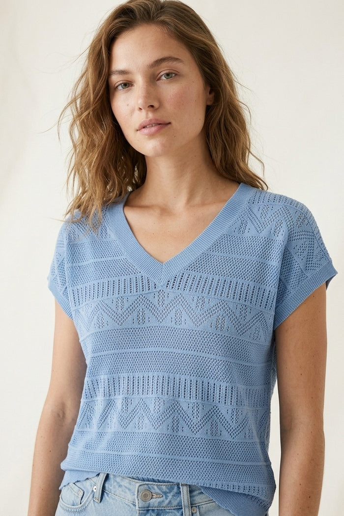Light Blue Knit V-Neck Short Sleeve Top