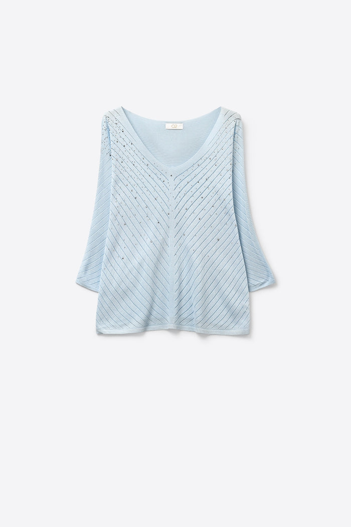 Light Blue Knit V-Neck Sweater with Sparkle Detail