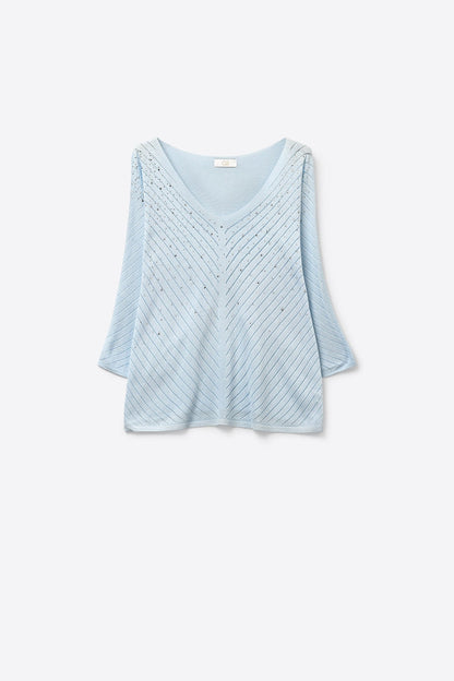 Light Blue Knit V-Neck Sweater with Sparkle Detail