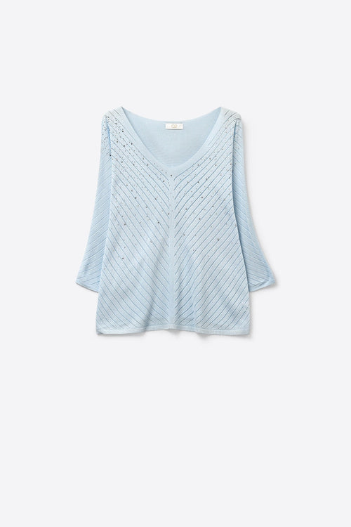 Light Blue Knit V-Neck Sweater with Sparkle Detail