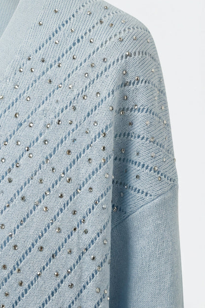Light Blue Knit V-Neck Sweater with Sparkle Detail