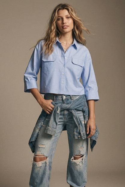 Light Blue oxford fabric Cropped Shirt with 3/4 sleeves - Shirts