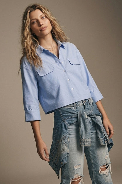 Light Blue oxford fabric Cropped Shirt with 3/4 sleeves - Shirts