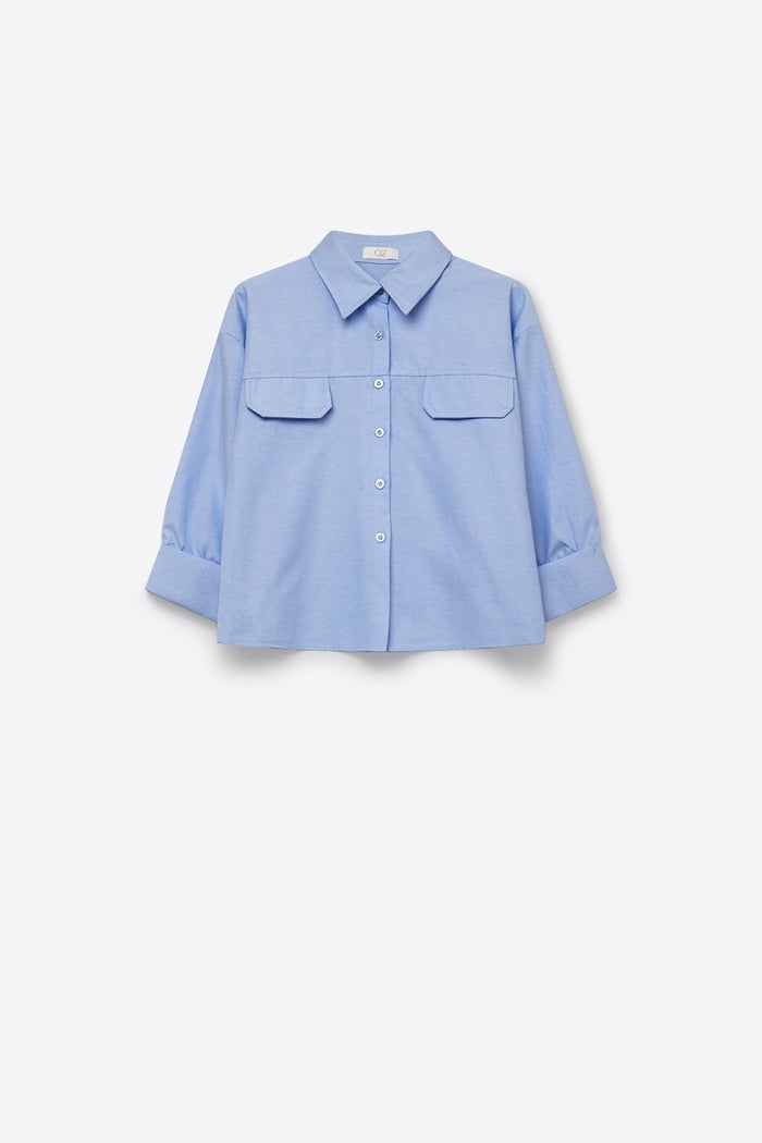 Light Blue oxford fabric Cropped Shirt with 3/4 sleeves - Shirts