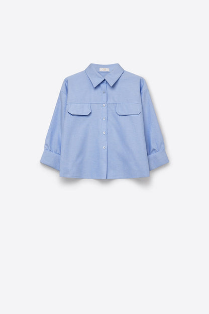 Light Blue oxford fabric Cropped Shirt with 3/4 sleeves - Shirts