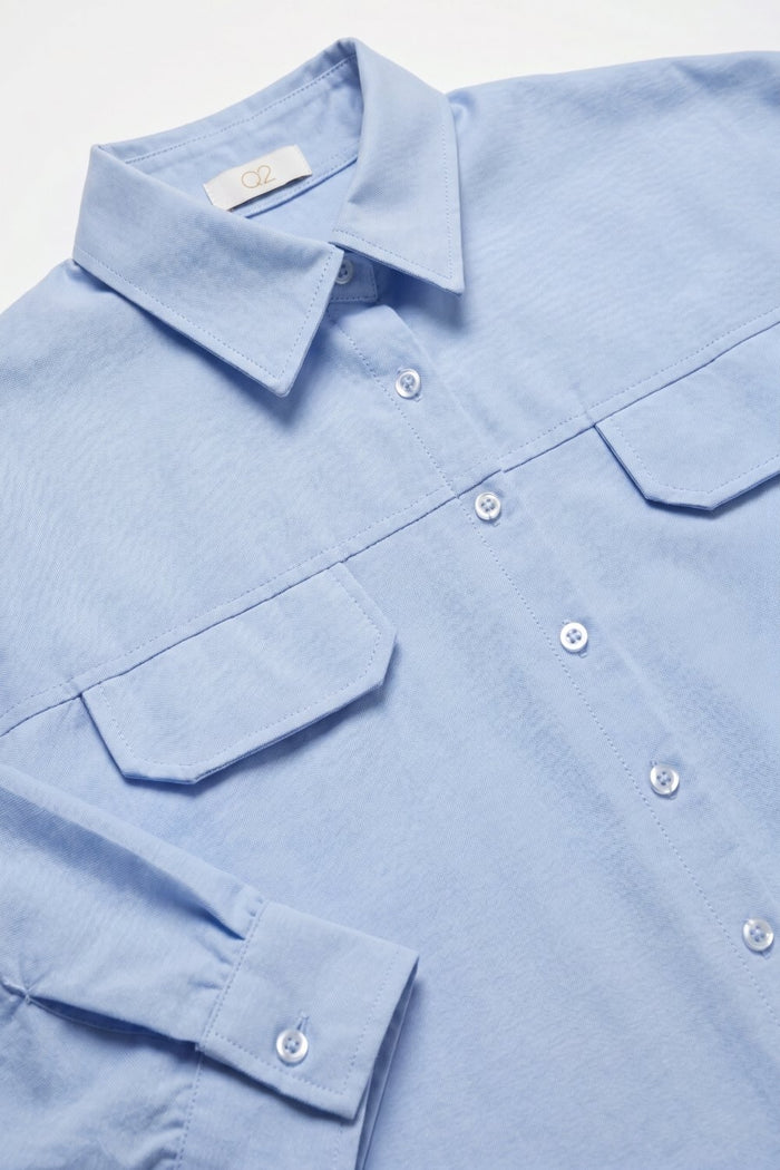 Light Blue oxford fabric Cropped Shirt with 3/4 sleeves - Shirts