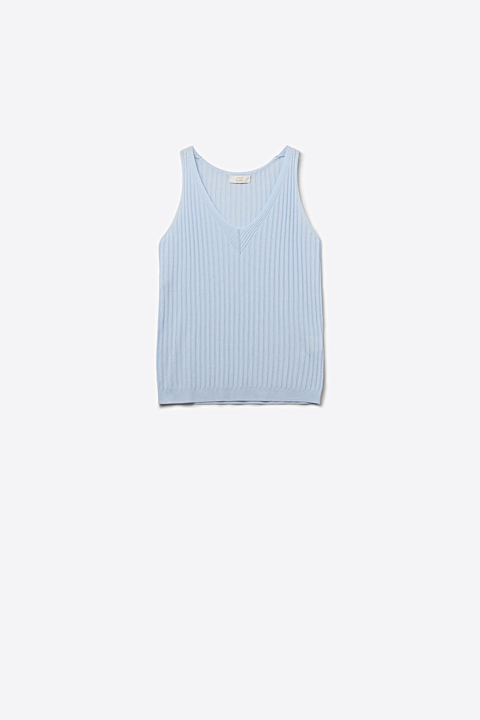 Light Blue Ribbed Knit V-Neck Tank Top