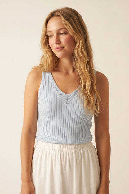 Light Blue Ribbed Knit V-Neck Tank Top