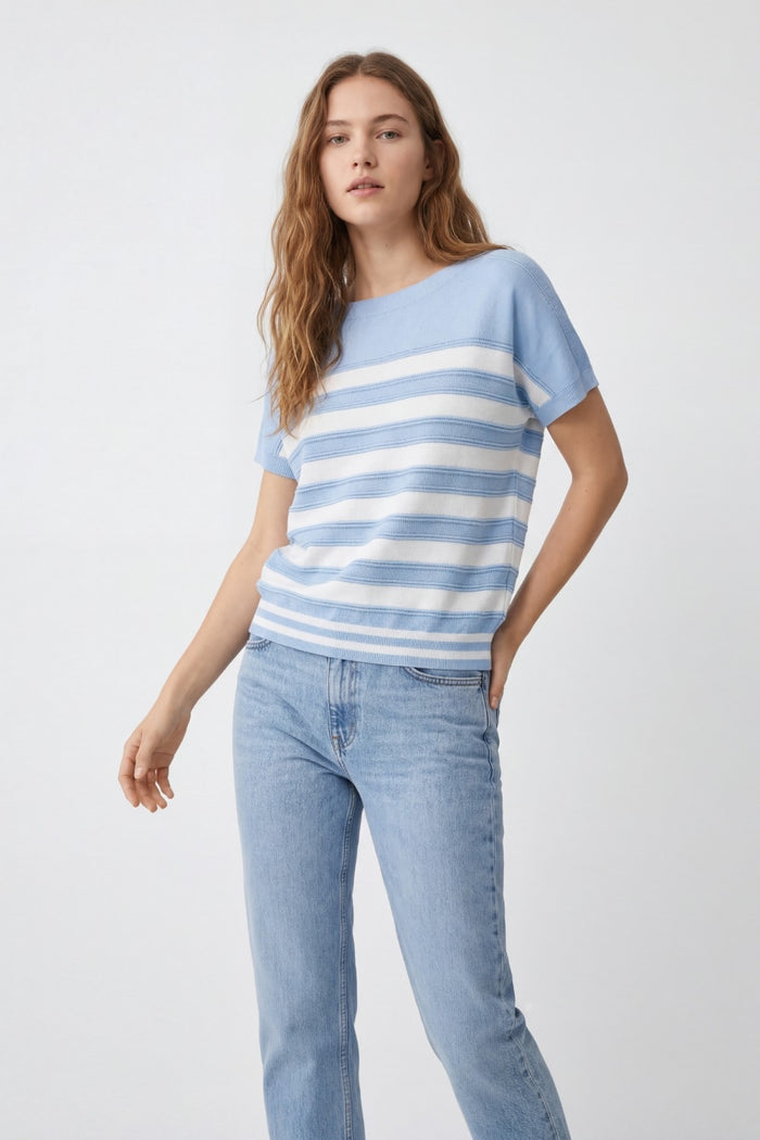Light Blue Striped Knit Short Sleeve Sweater