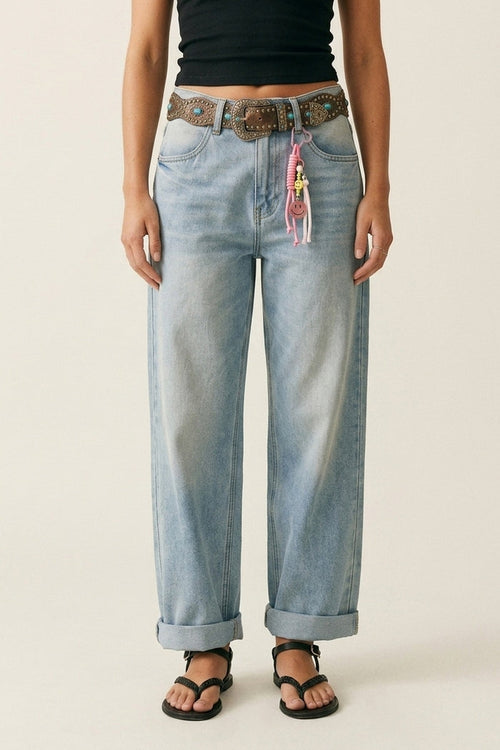 Light Blue Wide-Leg Denim Jeans mom style with Charm Detail - Denim