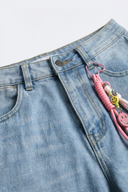 Light Blue Wide-Leg Denim Jeans mom style with Charm Detail - Denim