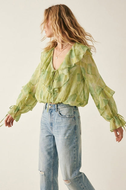 Light Green Ruffled Tie-Front Sheer Blouse