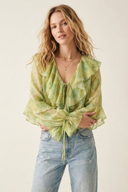 Light Green Ruffled Tie-Front Sheer Blouse