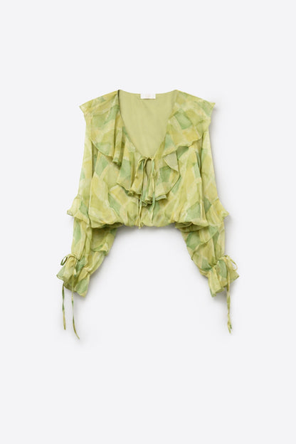 Light Green Ruffled Tie-Front Sheer Blouse
