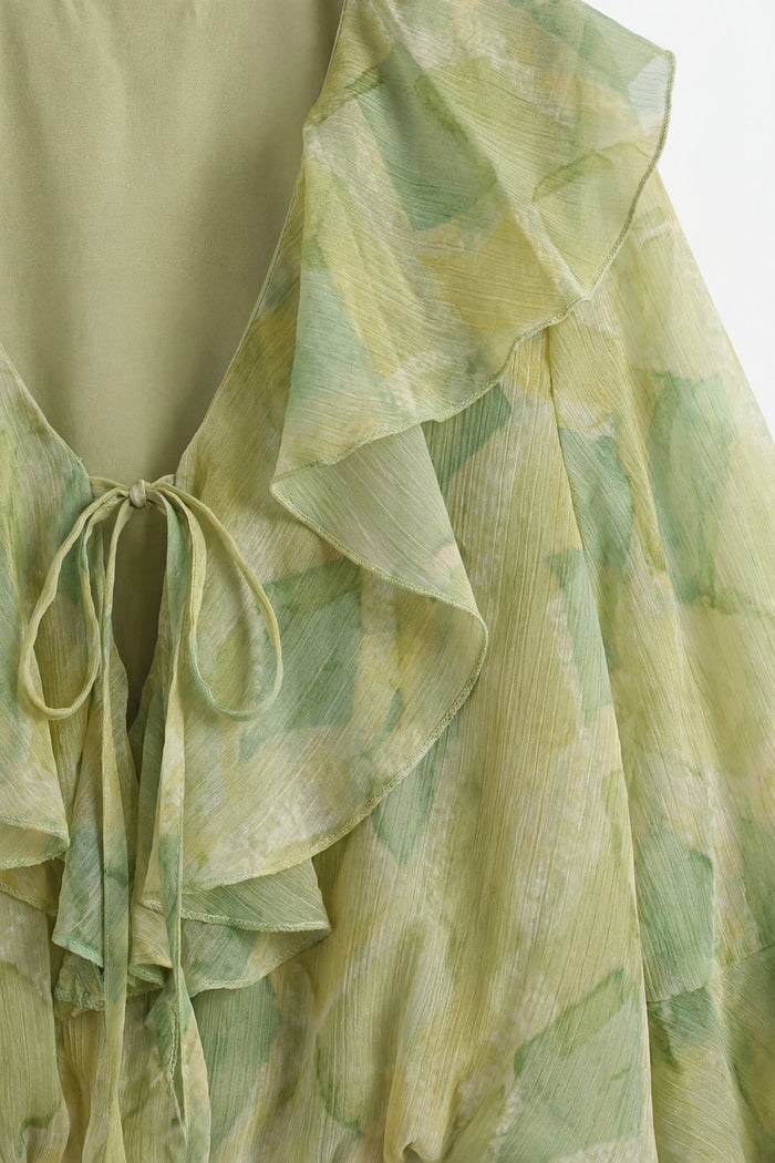 Light Green Ruffled Tie-Front Sheer Blouse