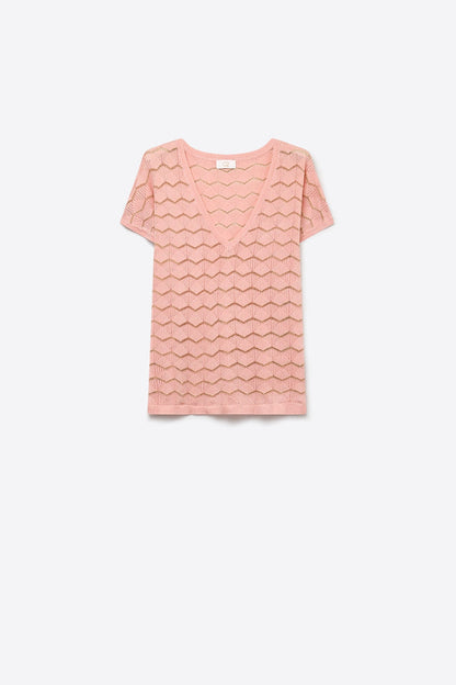 Light Pink Chevron Fine Knit V-Neck Short Sleeve Top