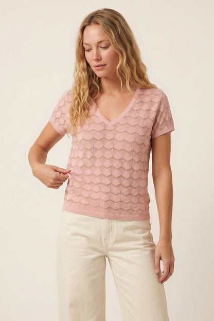 Light Pink Chevron Fine Knit V-Neck Short Sleeve Top