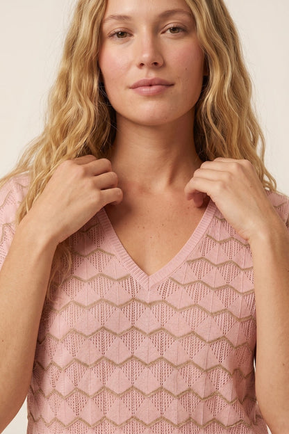 Light Pink Chevron Fine Knit V-Neck Short Sleeve Top